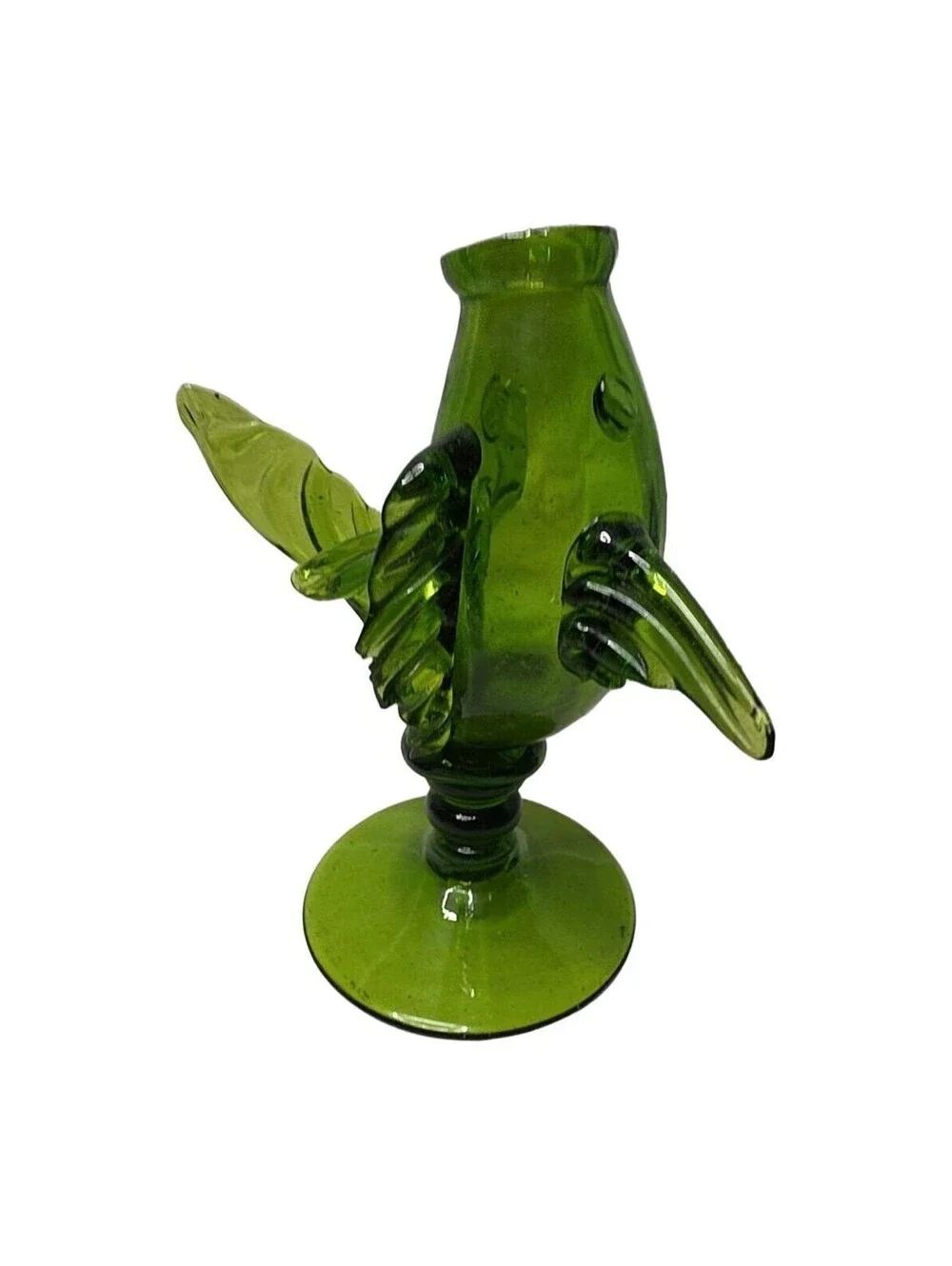 Vintage Empoli Glass Itay MCM Green Glass Fish Vase On Pedestal Hand Blown